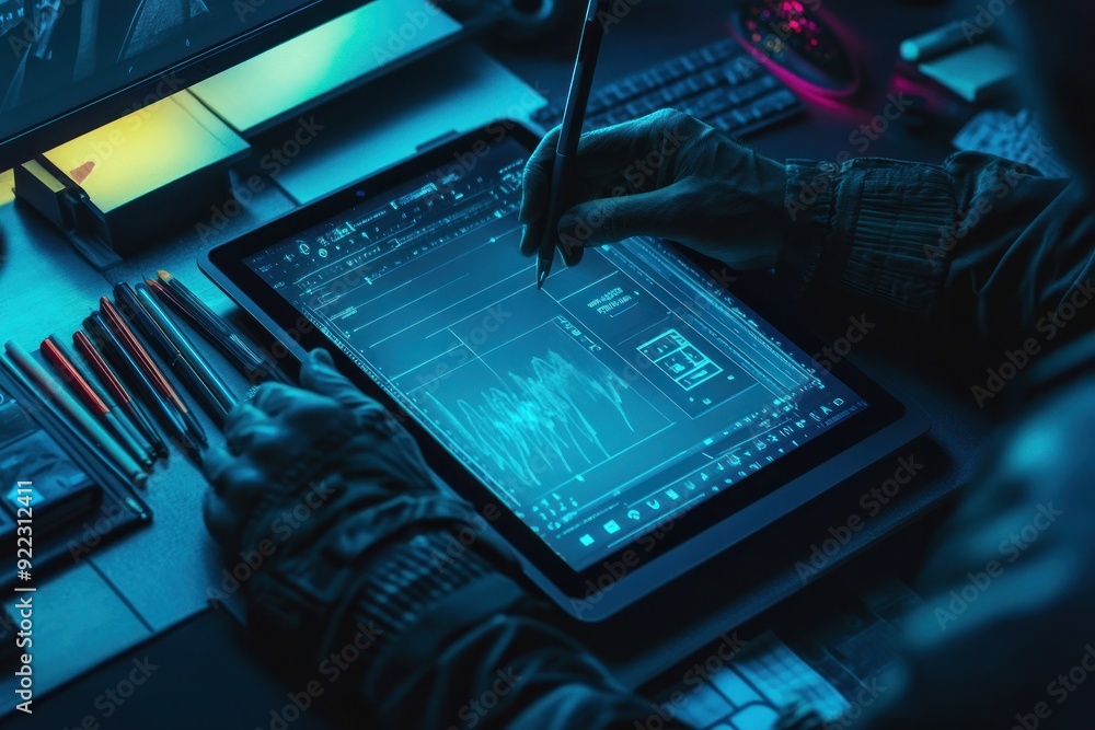 Poster close-up of a person's hands using a stylus pen to draw or edit on a digital tablet with a blue and 