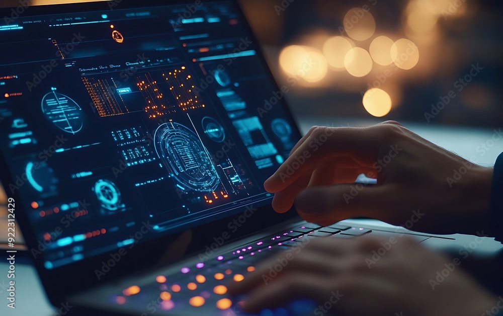 Poster close-up of a data scientist visualizing complex ai data on a laptop