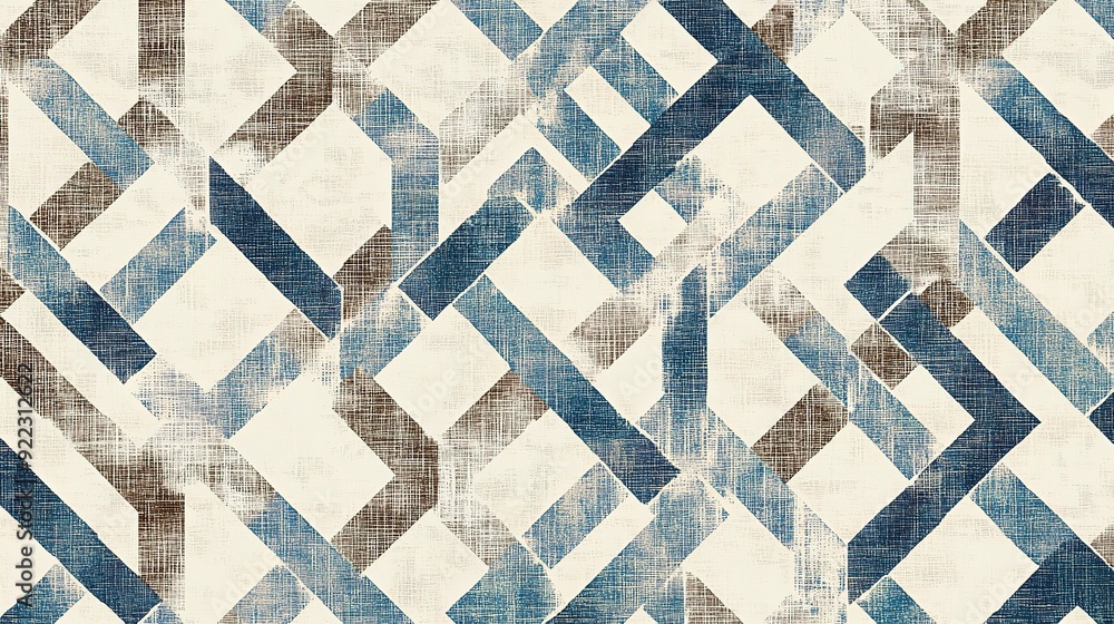 Poster abstract geometric pattern in blue and beige tones, showcasing intersecting shapes and lines on a te