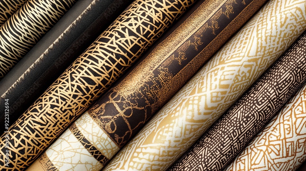 Aufkleber different types of textured fabric rolled up in rich gold and black patterns displayed together