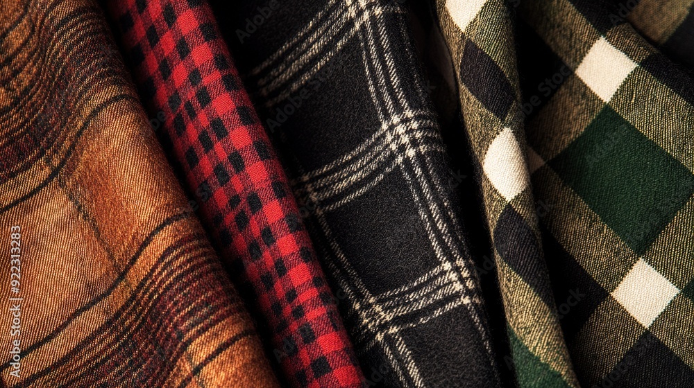 Poster a close-up view of various plaid and checkered fabrics in warm tones, showcasing patterns ideal for 