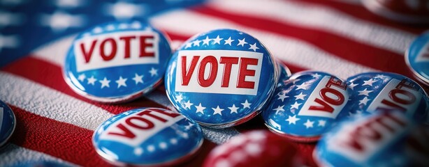 Fototapeta premium American Election. Vote badges on american flag. Selective focus.