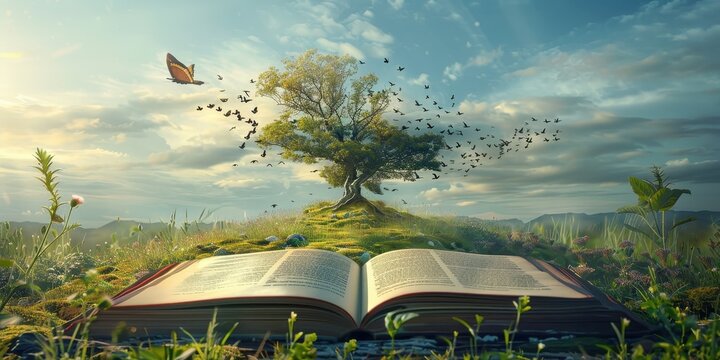 A book is open to a page with a tree and birds flying around it