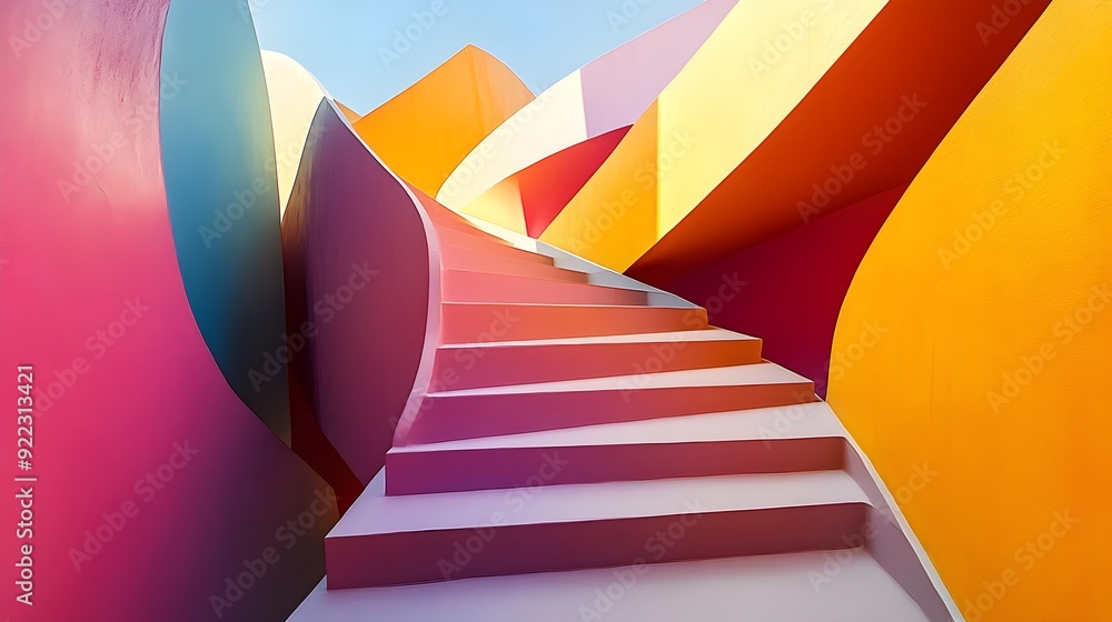 Poster abstract staircase with geometric shapes and bright colors symbolizing progress and innovation