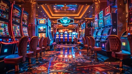 Obraz premium Glittering Excitement: Vibrant Las Vegas Casino Interior with Slot Machines and Poker Tables Under Bright Lights