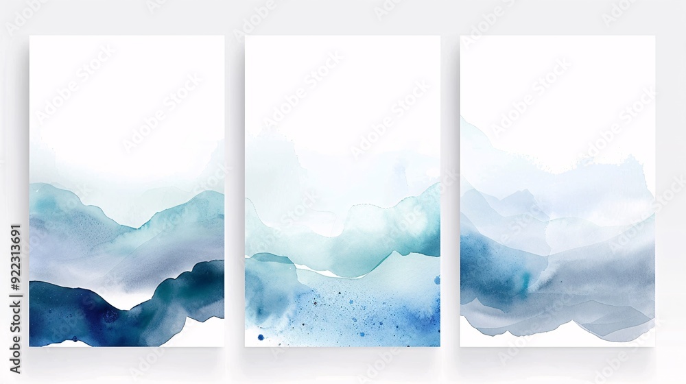 Poster a set of three interconnected watercolor posters with a continuous design, displayed on a white back