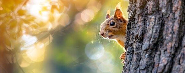 Fototapeta premium Red Squirrel Peeking from Behind a Tree Trunk