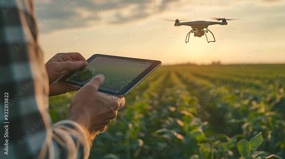 Fototapete Close-Up of a Farmer Using a Tablet to Control a Drone in a Vast Field