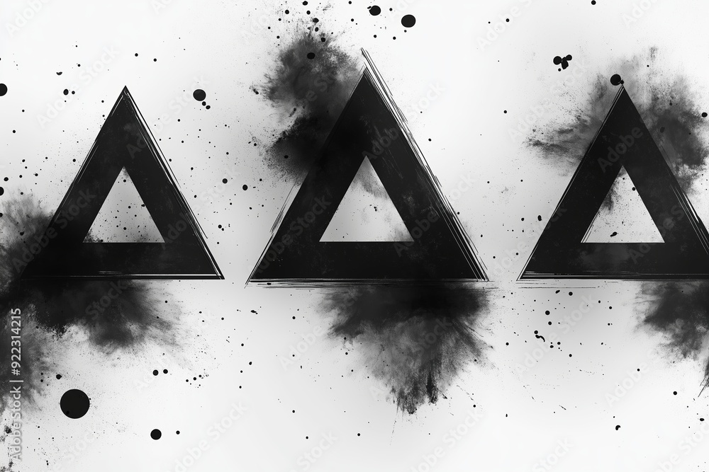 Poster abstract black and white geometric triangles with ink splashes on a textured background