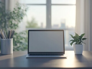 Laptop on Desk with Minimalist Design, Office Setting with Green Plants and White Background, Daylight and Window View.