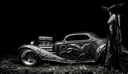 Halloween witch and her heavy metal hotrod. Black and white, room for cropping and ad copy