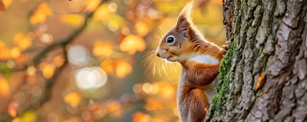 Fototapeta premium A Red Squirrel Perched on a Tree Trunk in Autumn Foliage