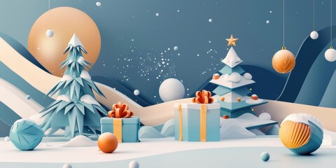 Fototapeta premium A colorful Christmas scene with a tree, presents, and snow