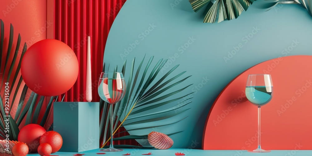 Wall mural A colorful background with a red and blue wall and a green leafy plant