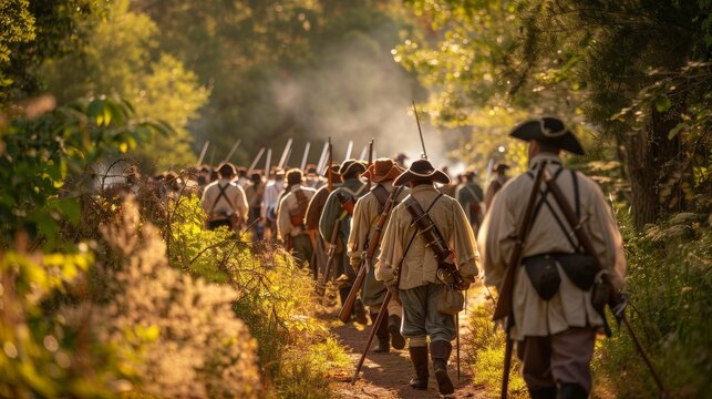 Revolutionary War Reenactment with Soldiers in Authentic Uniforms and Muskets