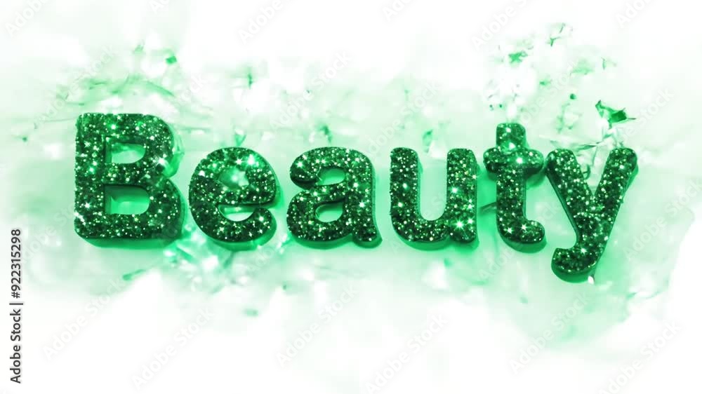 Poster glittering green text spelling beauty with a splashing background generative ai