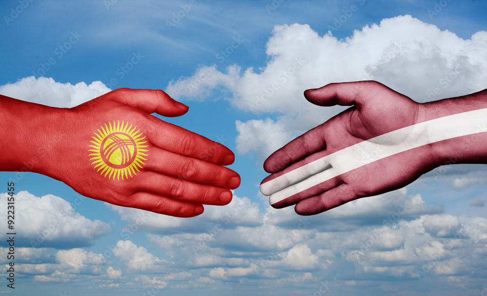 Wall mural Latvia and Kyrgyzstan country handshaking with flags, consensus concept international co-operation illustration