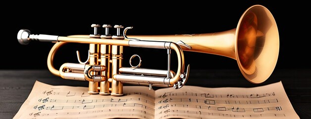 Obraz premium A close-up of a brass trumpet resting on sheet music with musical notes, conveying the essence of music in motion and artistry