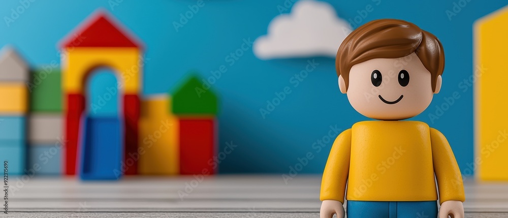 Poster playful cartoon character in joyful playground setting - vibrant with copy space for text
