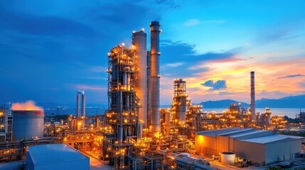 Fototapeta premium Night shift at a cement plant, workers and machinery operating under artificial lighting