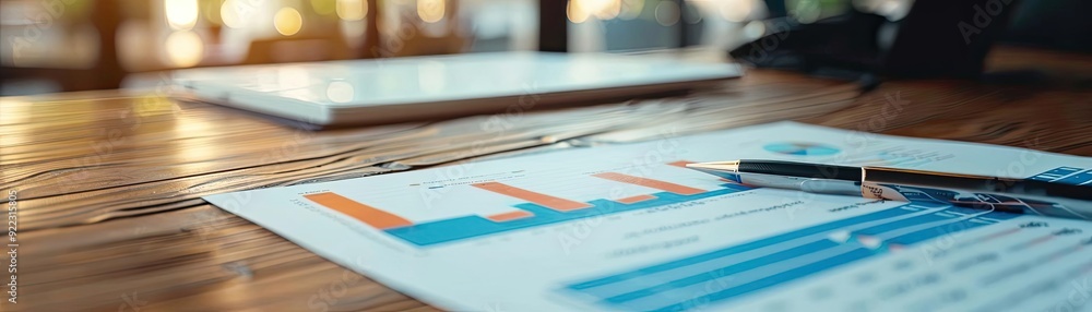 Poster close-up of financial report with charts and graphs, showcasing data analysis on a wooden desk.