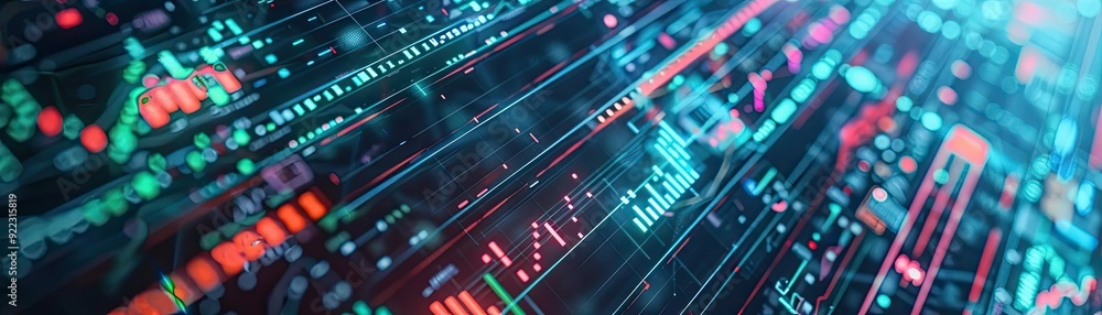 Aufkleber Digital abstract background showcasing vibrant data visualization with glowing lines and patterns, perfect for tech and finance themes.