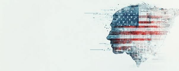 Obraz premium American Election. United States of America map with national flag in watercolor illustration. Person profile shaped map.