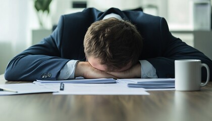 Fototapeta premium Exhausted Businessman Finding Solace at Desk Overworked