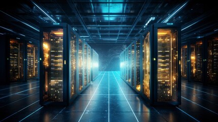A futuristic server room filled with illuminated data servers and a sleek, high-tech atmosphere.