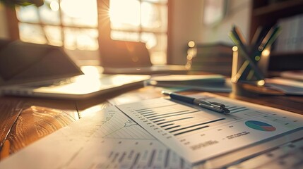 A tranquil workspace capturing charts, graphs, and a pen, illuminated by warm sunlight through a window, ideal for business views.