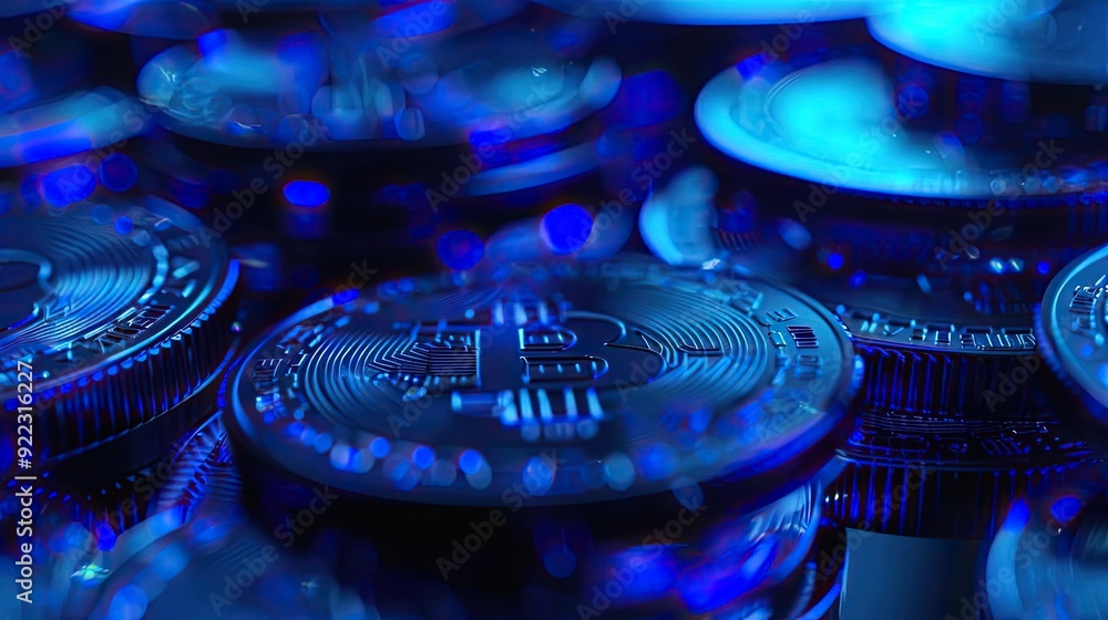 Poster a close-up view of cryptocurrency coins illuminated by blue light, showcasing intricate details and 