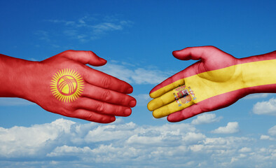 Spain and Kyrgyzstan country handshaking with flags, consensus concept international co-operation illustration