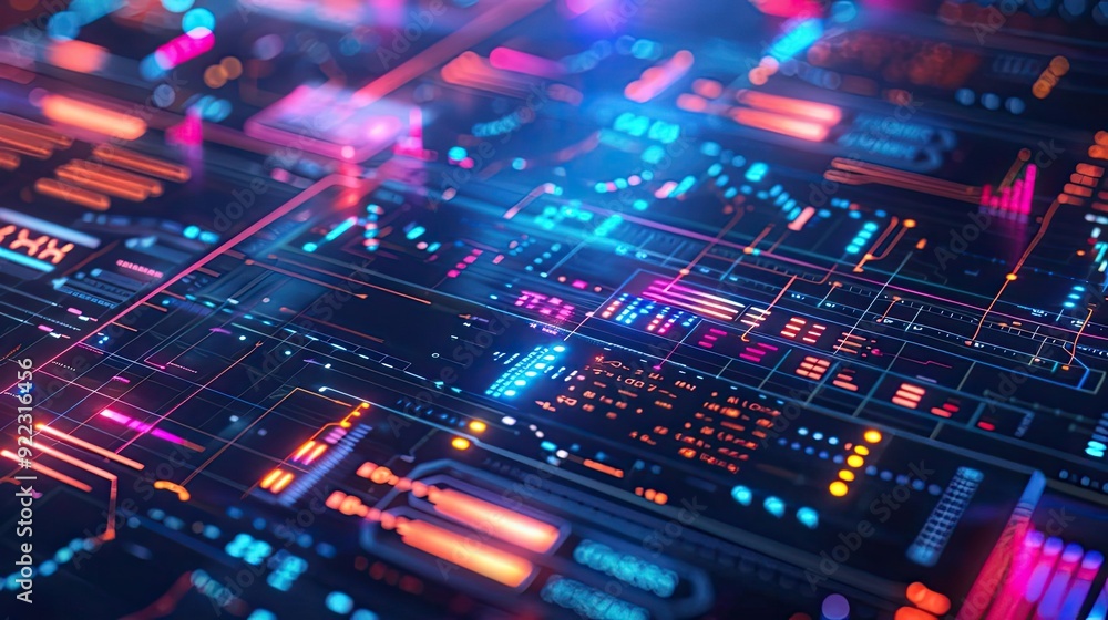 Poster A vibrant digital circuit board with glowing lines and data flows, representing advanced technology and futuristic design.