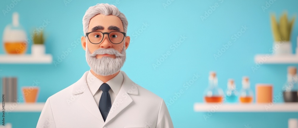 Poster curious cartoon scientist in vibrant lab surrounded by quirky inventions - with copy space for text