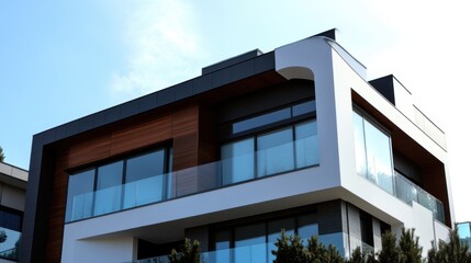 A modern house with a balcony and trees in the background, AI