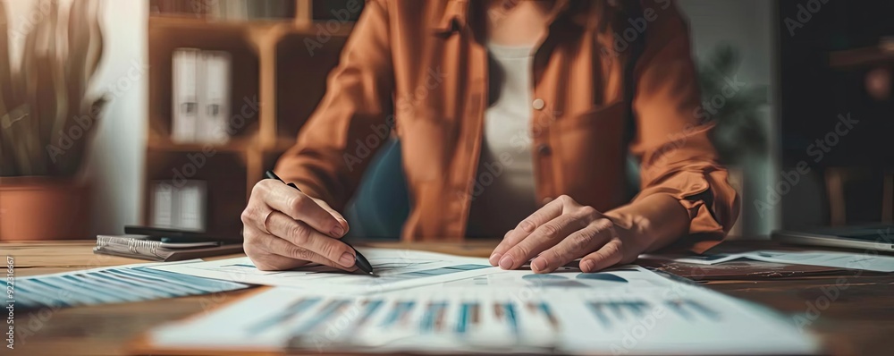 Poster a person analyzes graphs and charts on paper, showcasing a workspace filled with creative business i
