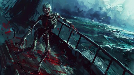 A skeletal figure stands on a ship deck amid a stormy sea, evoking a haunting atmosphere.