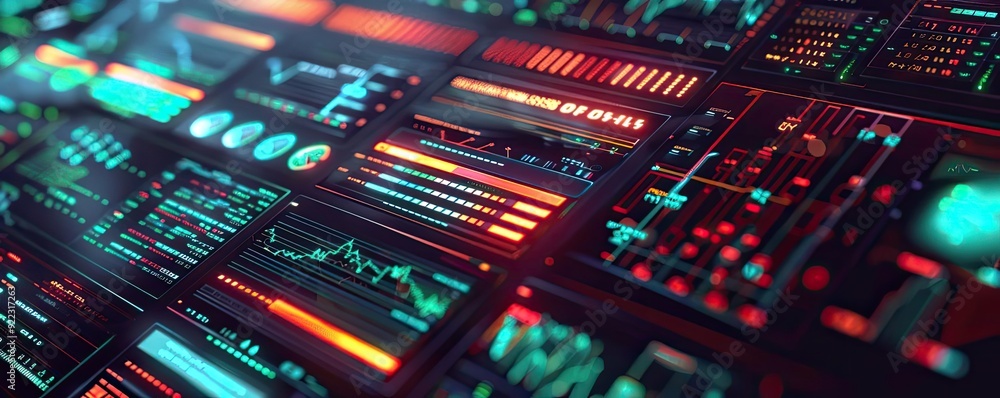 Poster Futuristic digital dashboard displaying vibrant data visualizations with glowing graphs and charts in a technology-centric design.