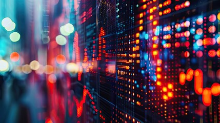 Obraz premium A vibrant digital display featuring stock market data with red and blue lights, symbolizing finance and investment trends.