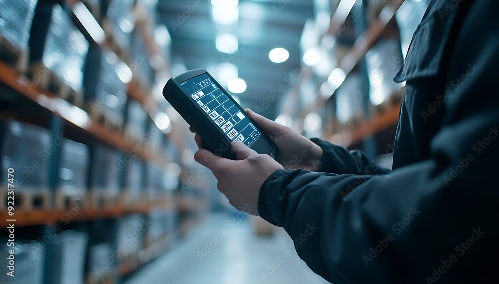 Poster close-up of a logistics worker scanning a package with a handheld barcode scanner