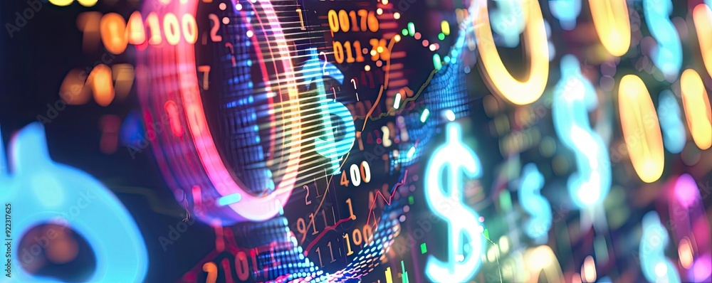 Poster A vibrant digital display of currency symbols with dynamic visual patterns, representing modern finance and technology.