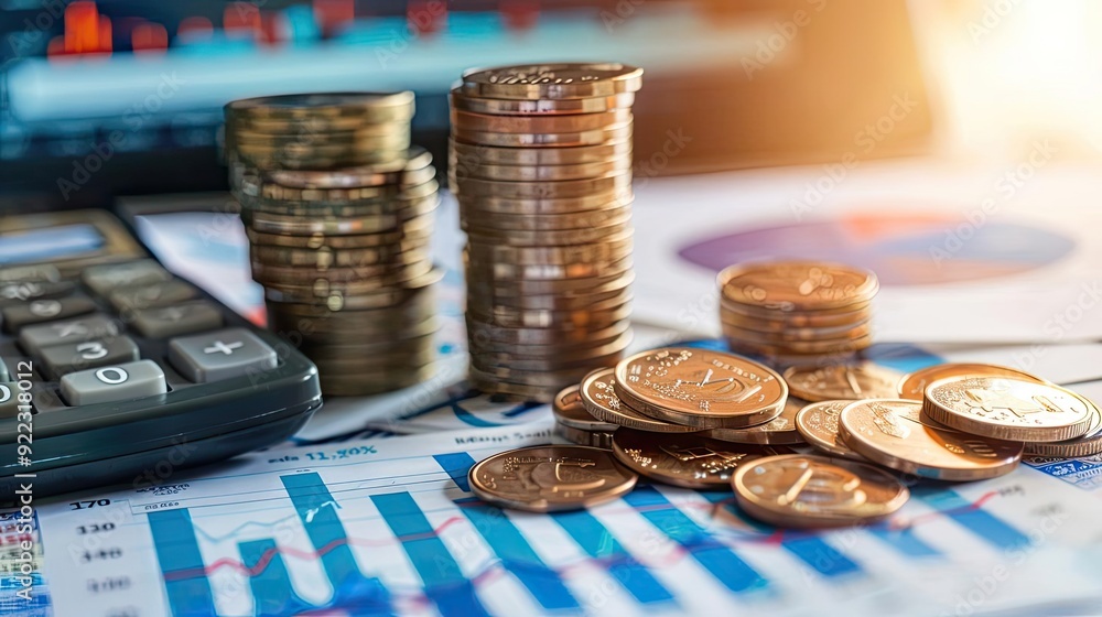 Poster close-up of coins stacked next to a calculator and financial charts, symbolizing investment and econ