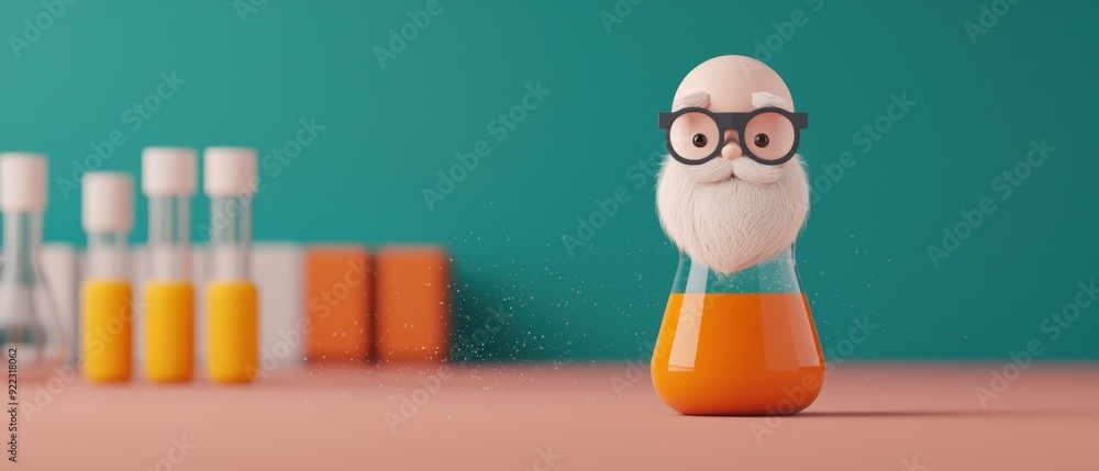 Poster magical cartoon wizard creating vibrant potion in colorful lab - with selective focus and copy space