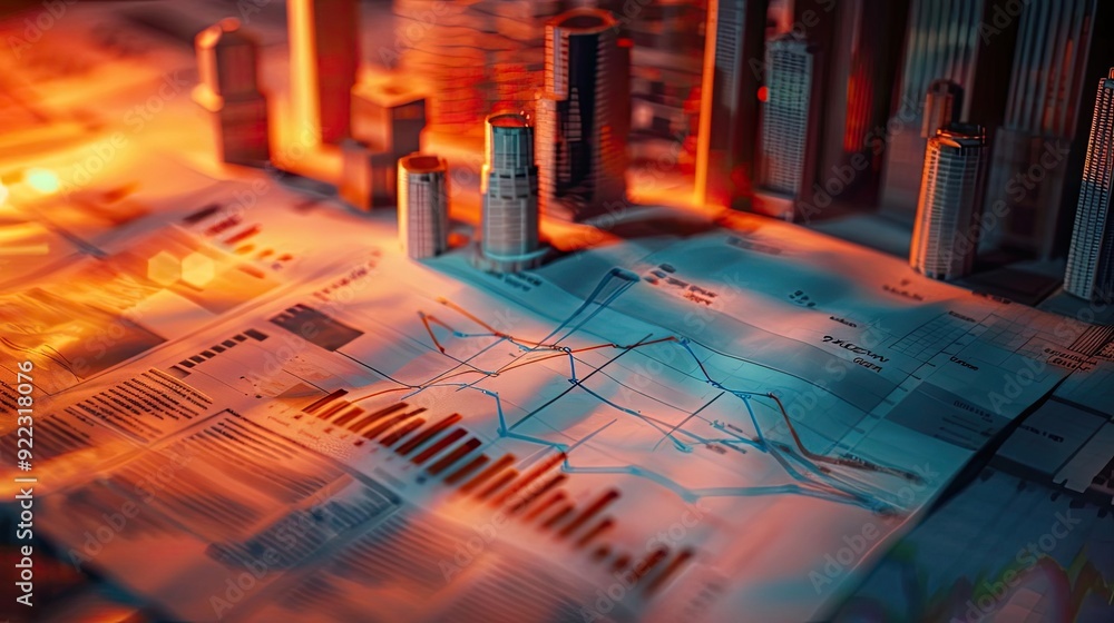 Poster Abstract representation of data analytics, featuring graphs and skyscraper models illuminated by warm light.