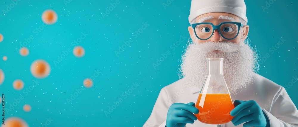Poster whimsical cartoon wizard brewing vibrant potion in colorful lab - with selective focus on foreground