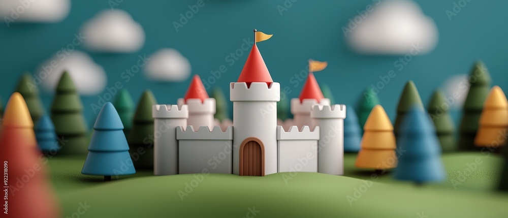 Poster enchanted cartoon kingdom with animated knights and mystical creatures | with copy space for text