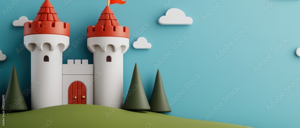 Poster enchanting cartoon kingdom with animated knights and mystical creatures - with copy space for text