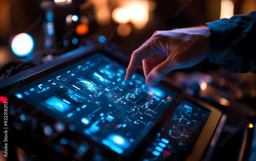 Fototapete close-up of a filmmaker operating a high-tech camera with touchscreen controls