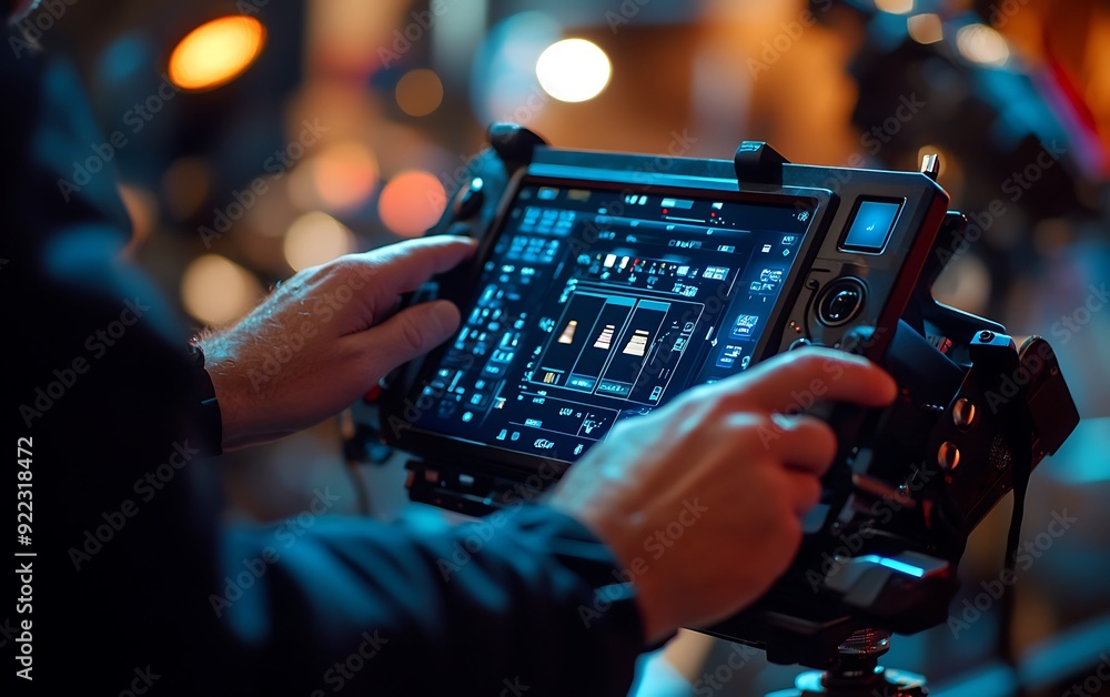 Leinwandbilder Close-Up of a Filmmaker Operating a High-Tech Camera with Touchscreen Controls