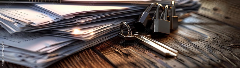 Poster A close-up view of keys and padlocks resting on a pile of documents, symbolizing security and organization.